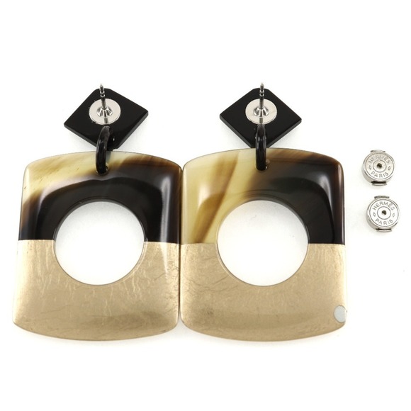 HERMÈS Bicolor Buffalo Horn Earrings Brown/Gold 14.0g Dalva - Picture 4 of 8